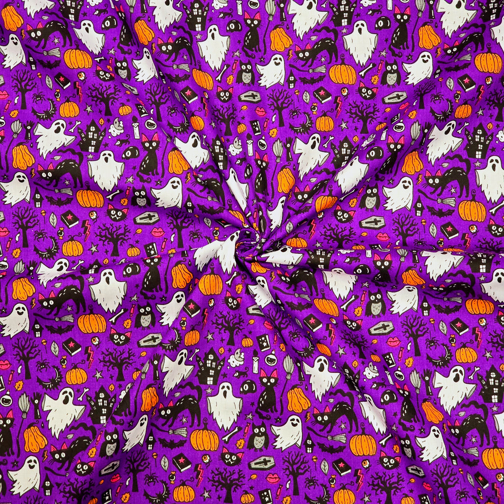 Ghosts and Cats on Purple - Halloween Polycotton Fabric