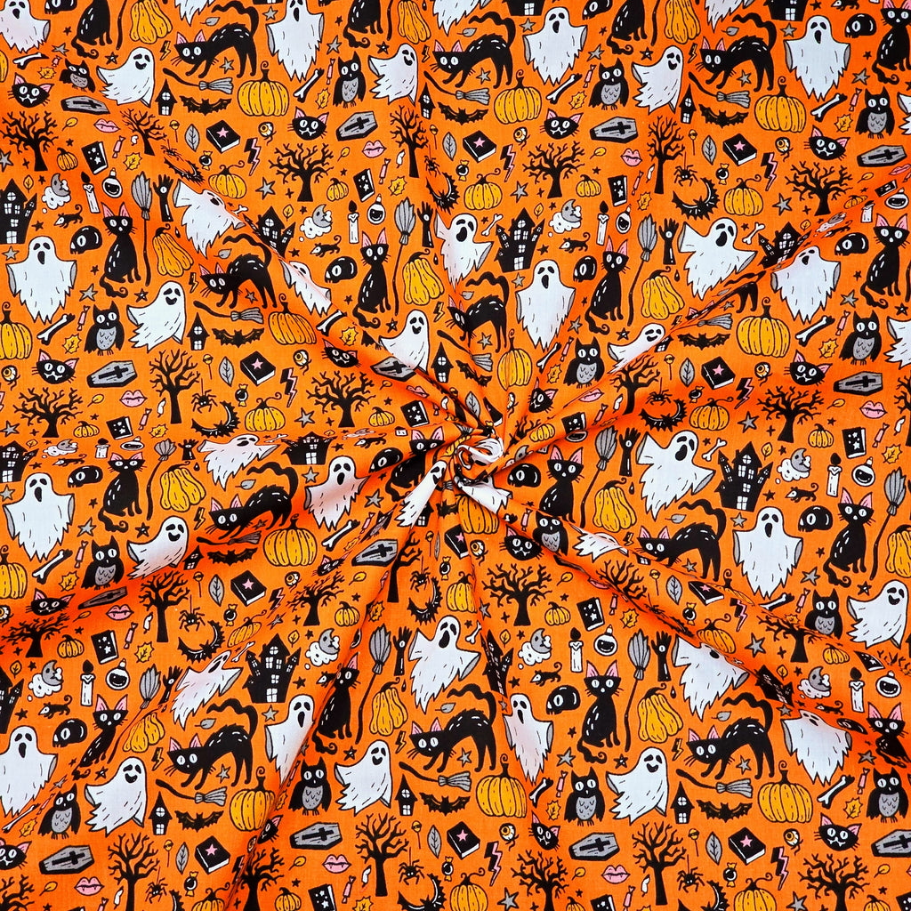 Ghosts and Cats on Orange - Halloween Polycotton Fabric