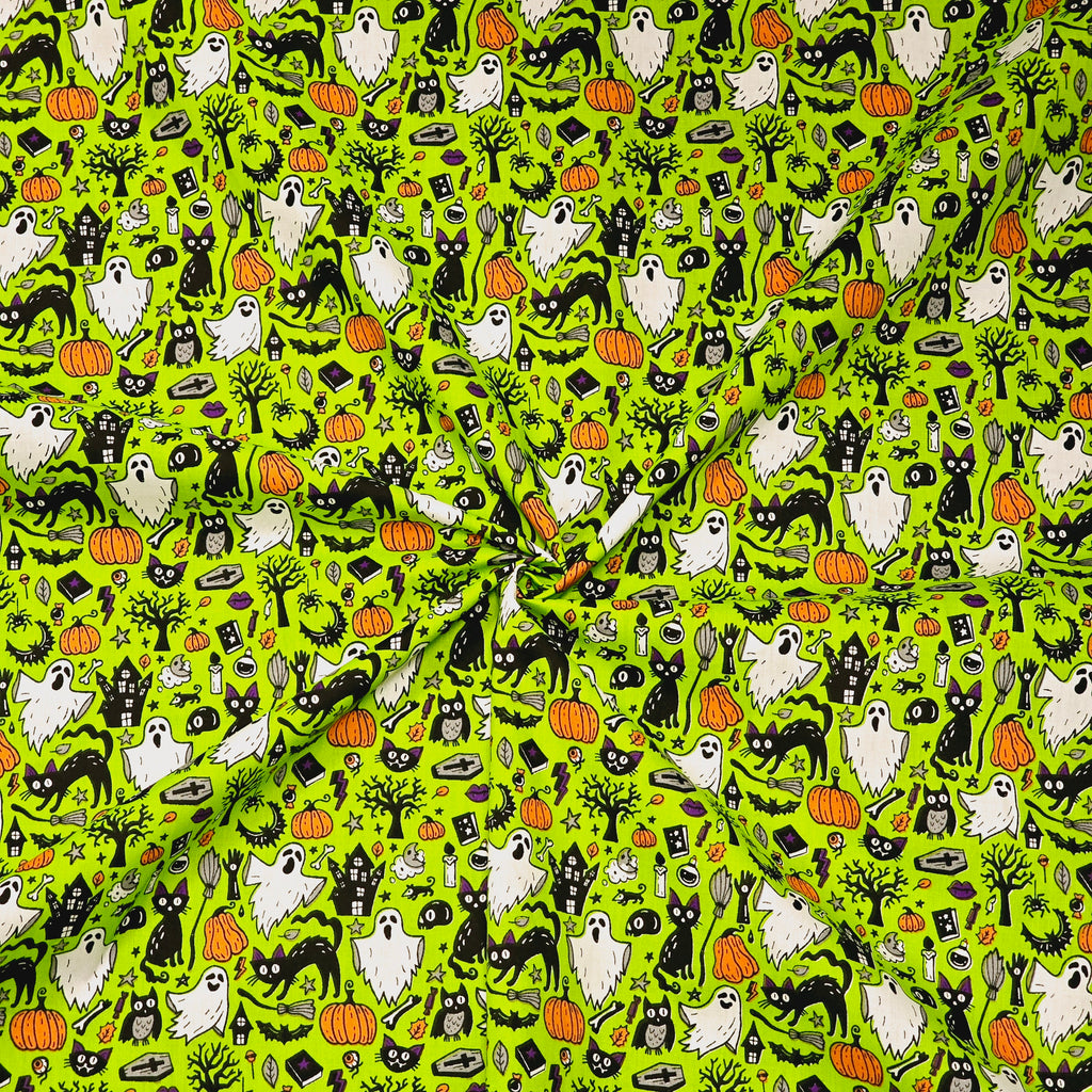 Ghosts and Cats on Green - Halloween Polycotton Fabric