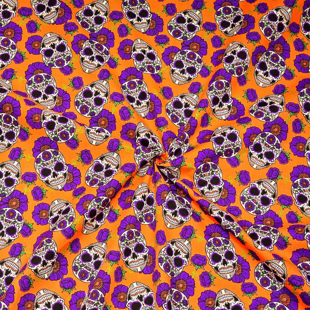 Purple Floral Candy Skulls - Halloween Polycotton Fabric