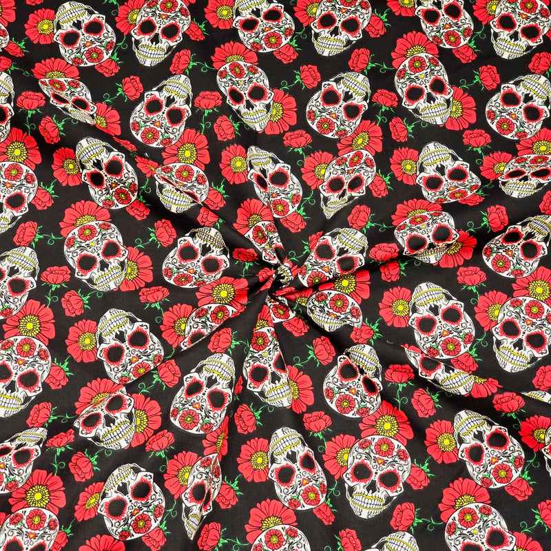 Red Floral Candy Skulls - Halloween Polycotton Fabric