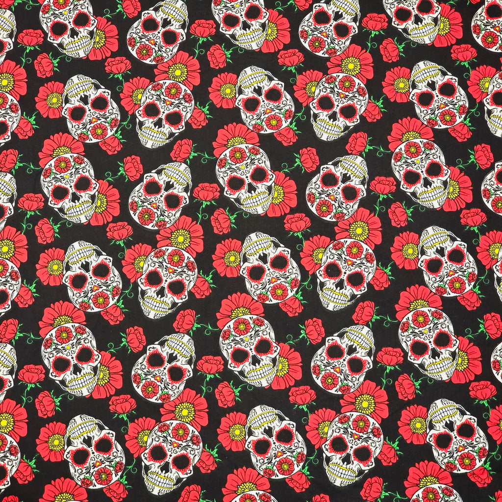 Red Floral Candy Skulls - Halloween Polycotton Fabric