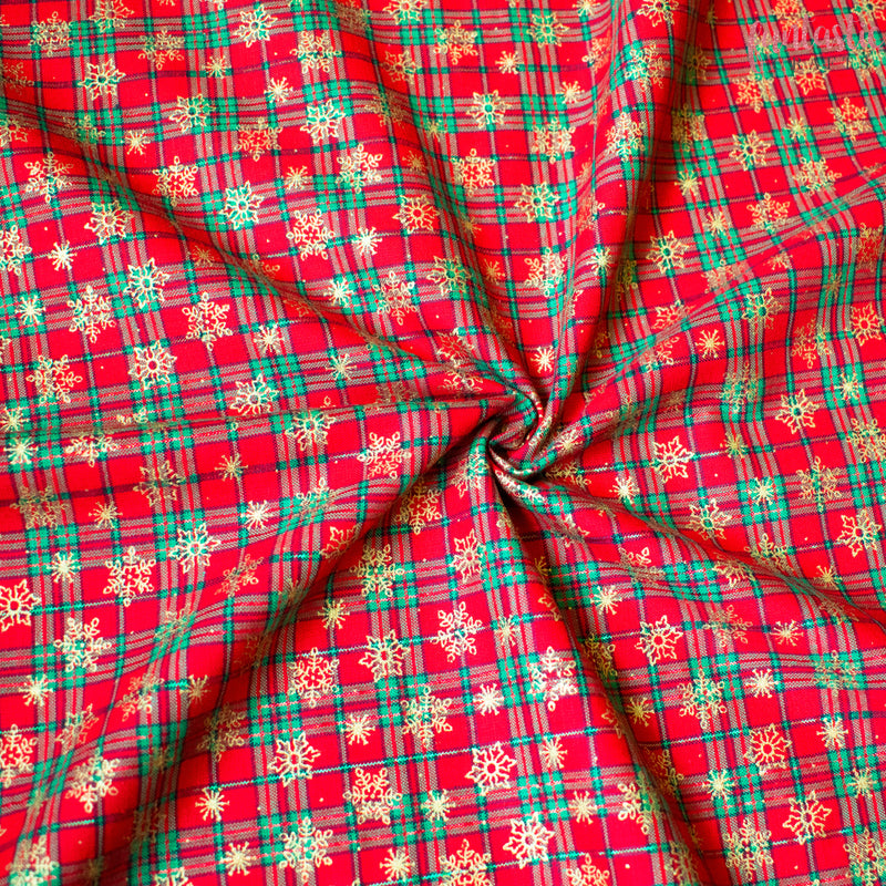 Metallic Tiny Snowflakes on Red Tartan 100% Cotton Christmas Fabric