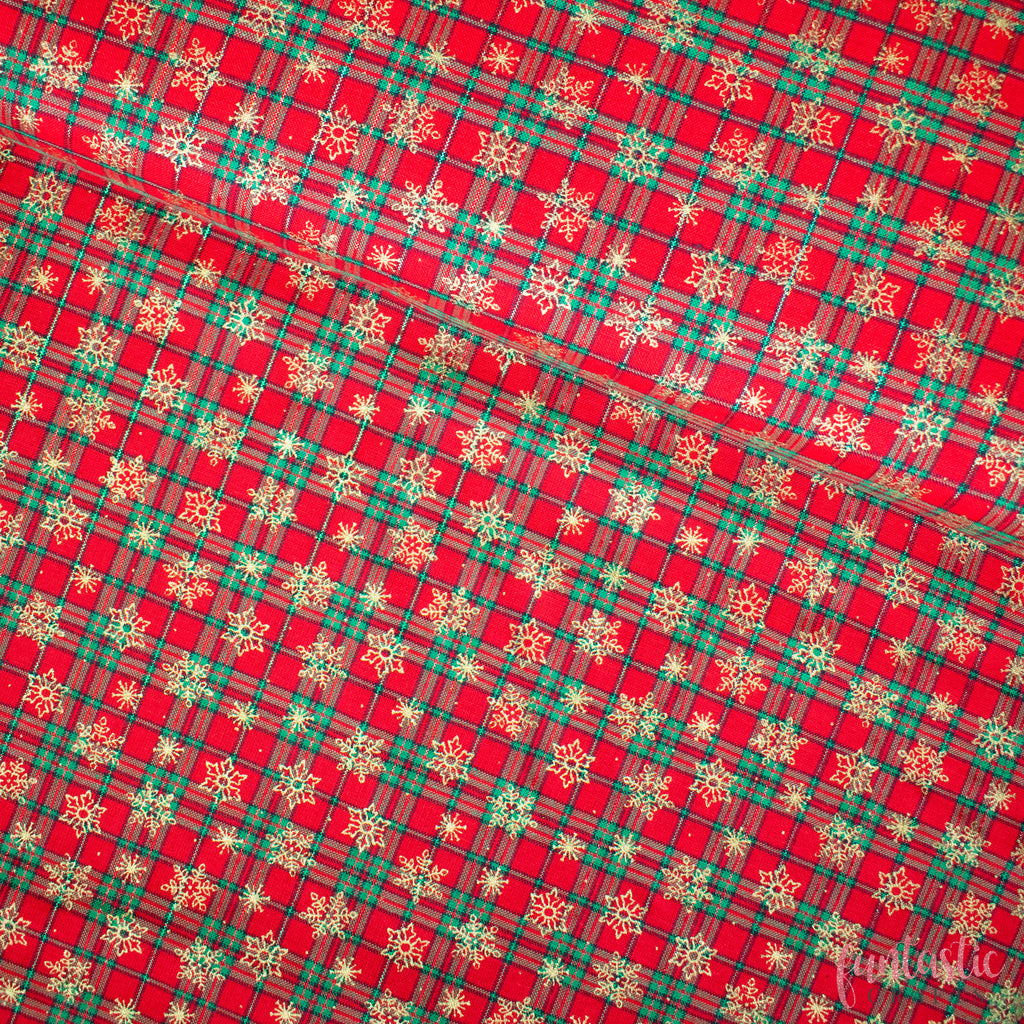 Metallic Tiny Snowflakes on Red Tartan 100% Cotton Christmas Fabric