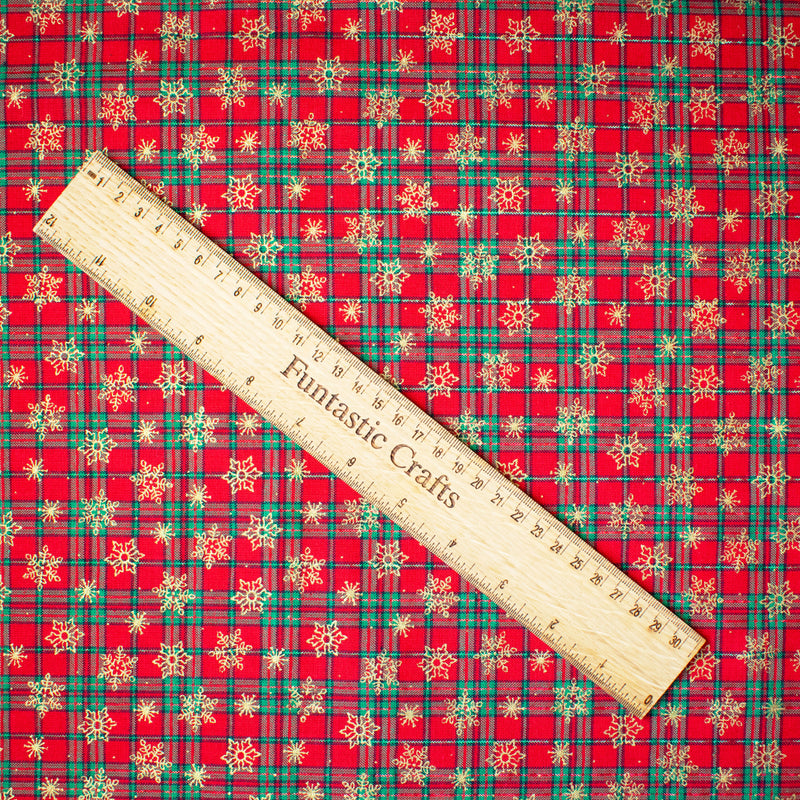 Metallic Tiny Snowflakes on Red Tartan 100% Cotton Christmas Fabric