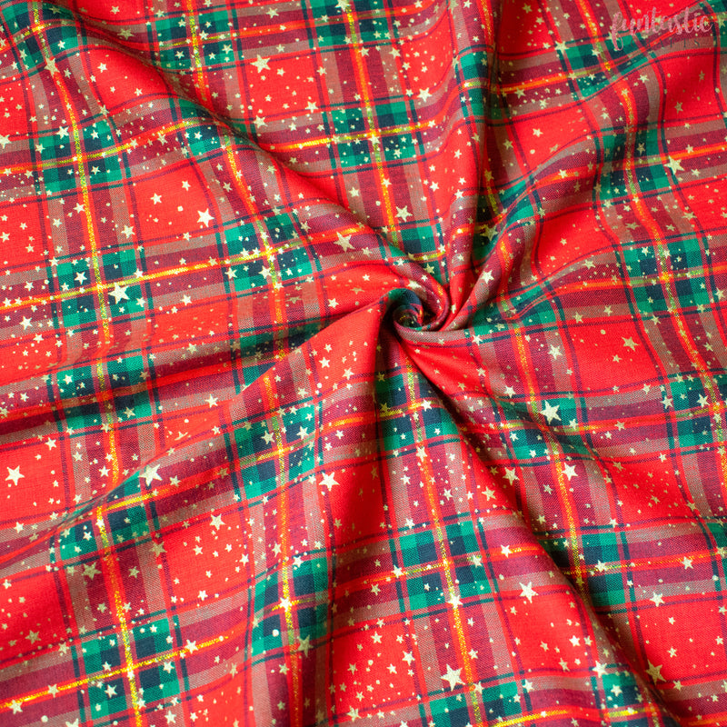 Metallic Gold Stars on Red Tartan 100% Cotton Christmas Fabric