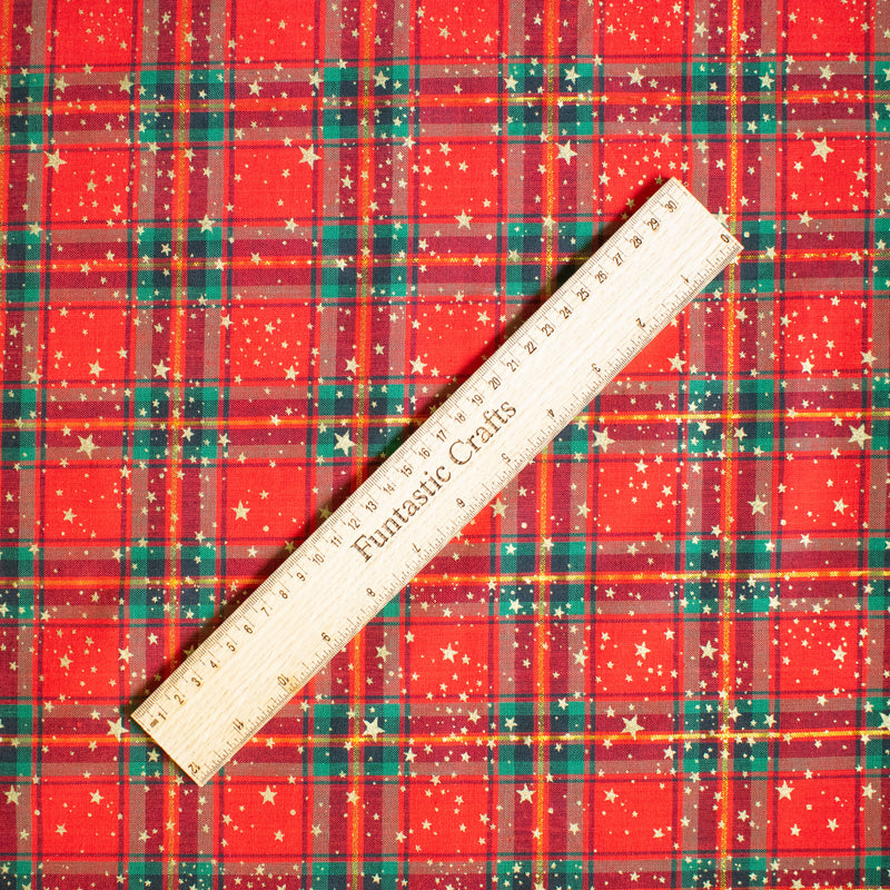 Metallic Gold Stars on Red Tartan 100% Cotton Christmas Fabric