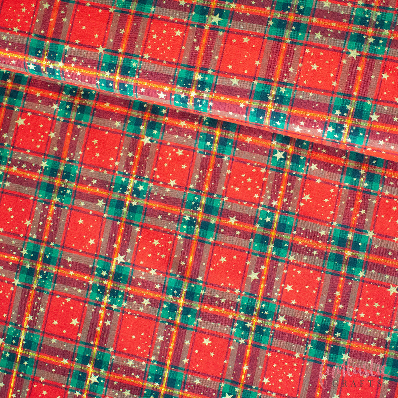 Metallic Gold Stars on Red Tartan 100% Cotton Christmas Fabric