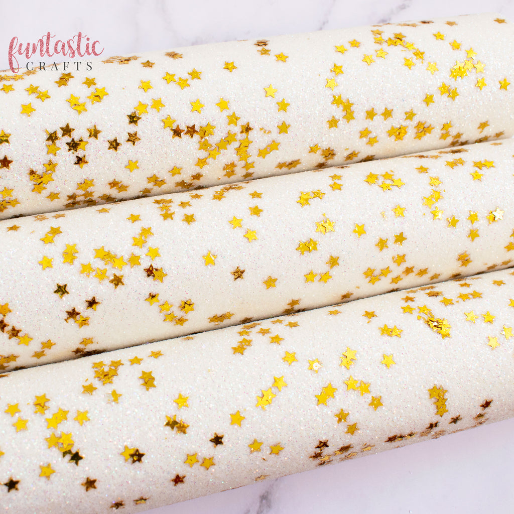 Gold Stars on Iridescent White Fine Glitter Fabric