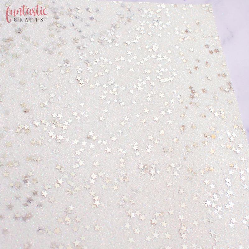 Silver Stars on Iridescent White Fine Glitter Fabric