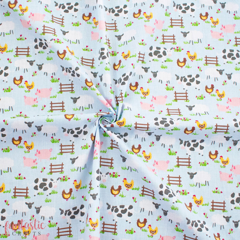 Farm Animals on Baby Blue Polycotton Fabric